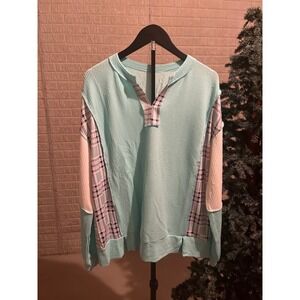 Womens Long Sleeve Colorblock Plaid Waffle Knit Tunic Top Size L